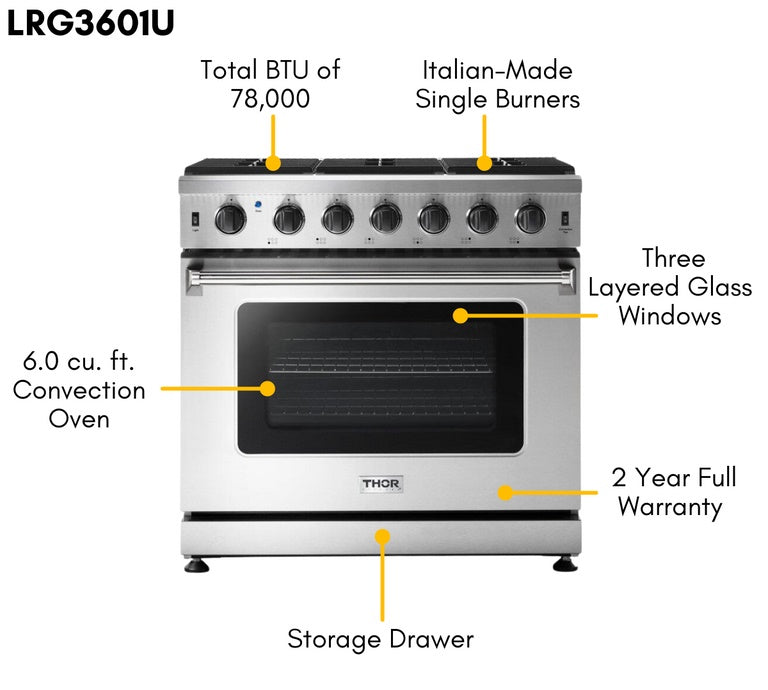 Thor Kitchen 36 in. 6.0 Cu. Ft Professional Gas Range in Stainless Steel