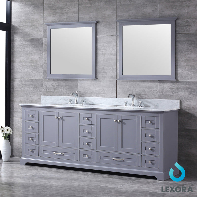 Lexora Dukes 84" Dark Grey Double Vanity, White Carrara Marble Top, White Square Sinks and 34" Mirrors LD342284DBDSM34