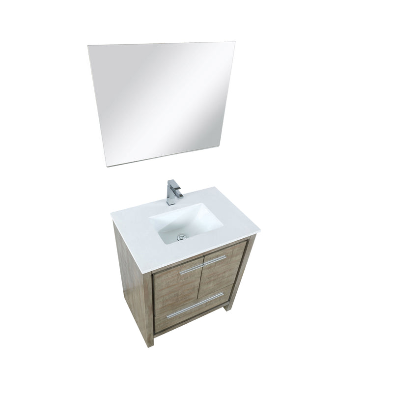 Lexora Lafarre 30" Rustic Acacia Bathroom Vanity, White Quartz Top, White Square Sink, Balzani Gun Metal Faucet Set, and 28" Frameless Mirror LLF30SKSOSM28FGM