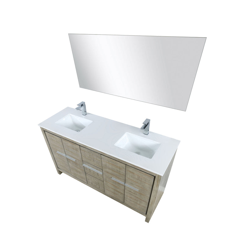Lexora Lafarre 60" Rustic Acacia Double Bathroom Vanity, White Quartz Top, White Square Sinks, Balzani Gun Metal Faucet Set, and 55" Frameless Mirror LLF60DKSODM55FGM