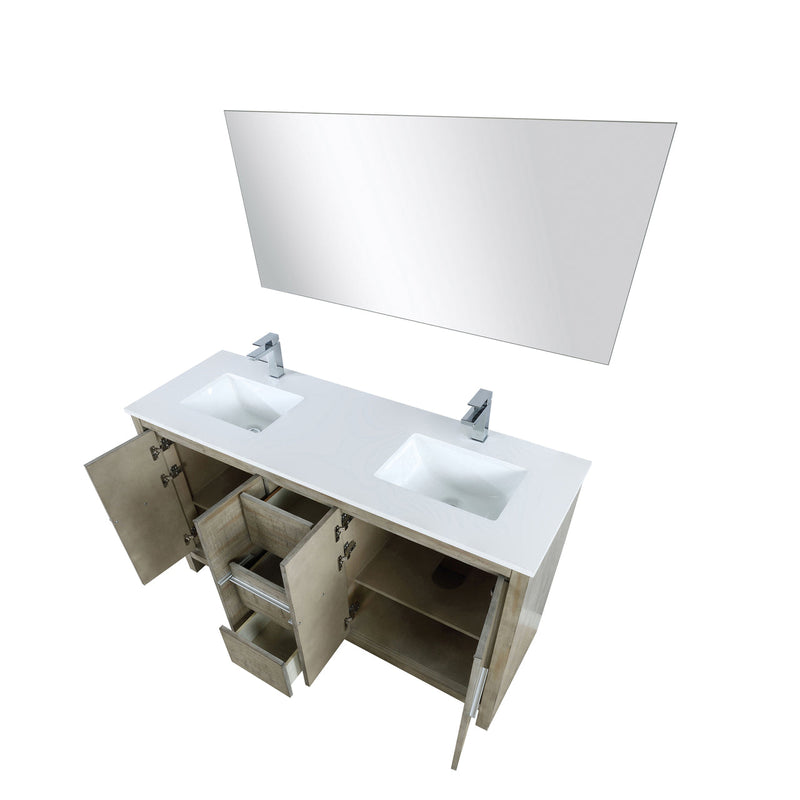 Lexora Lafarre 60" Rustic Acacia Double Bathroom Vanity, White Quartz Top, White Square Sinks, Balzani Gun Metal Faucet Set, and 55" Frameless Mirror LLF60DKSODM55FGM