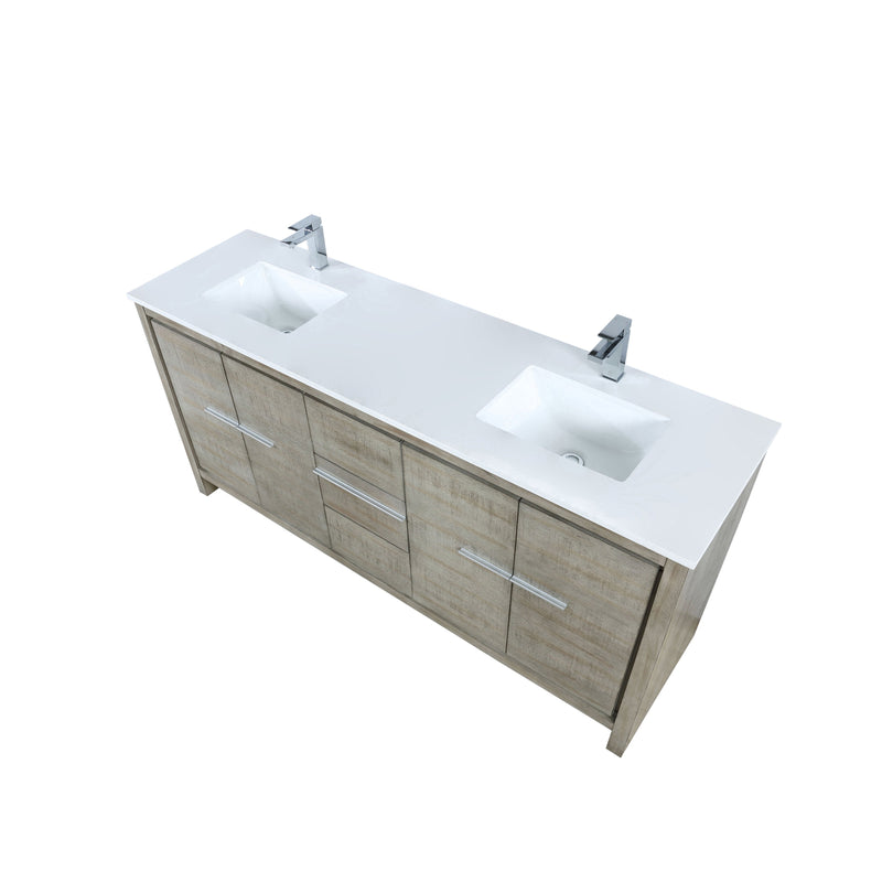 Lexora Lafarre 72" Rustic Acacia Double Bathroom Vanity, White Quartz Top, White Square Sinks, and Labaro Rose Gold Faucet Set LLF72DKSOD000FRG