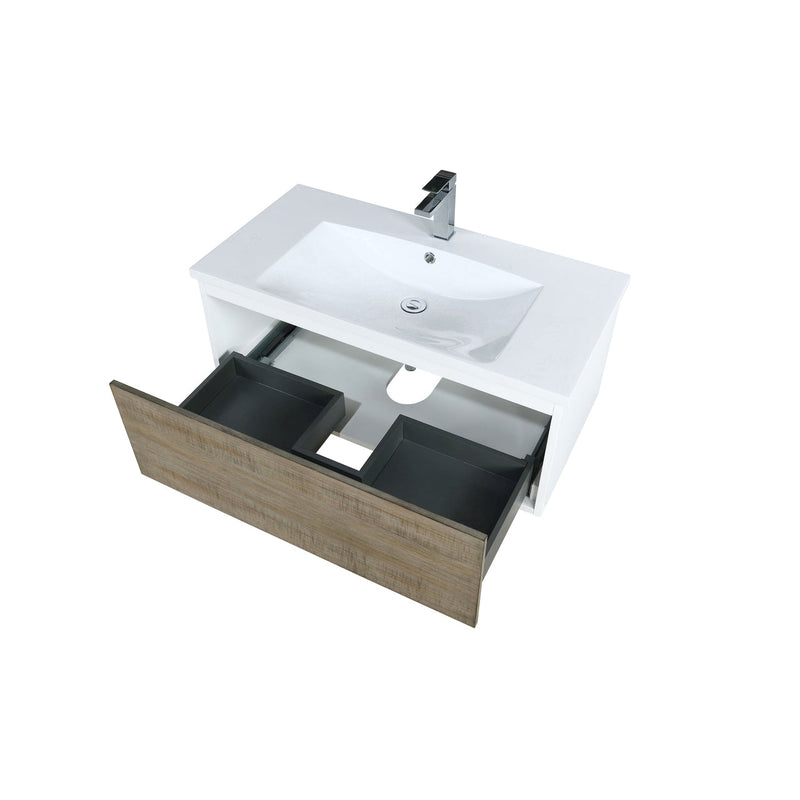 Lexora Scopi 36" Rustic Acacia Bathroom Vanity, Acrylic Composite Top with Integrated Sink, and Labaro Brushed Nickel Faucet Set LSC36SRAOS000FBN