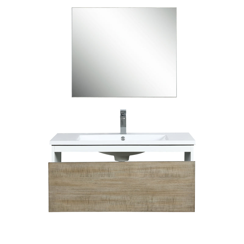 Lexora Scopi 36" Rustic Acacia Bathroom Vanity, Acrylic Composite Top with Integrated Sink, Balzani Gun Metal Faucet Set, and 28" Frameless Mirror LSC36SRAOSM28FGM
