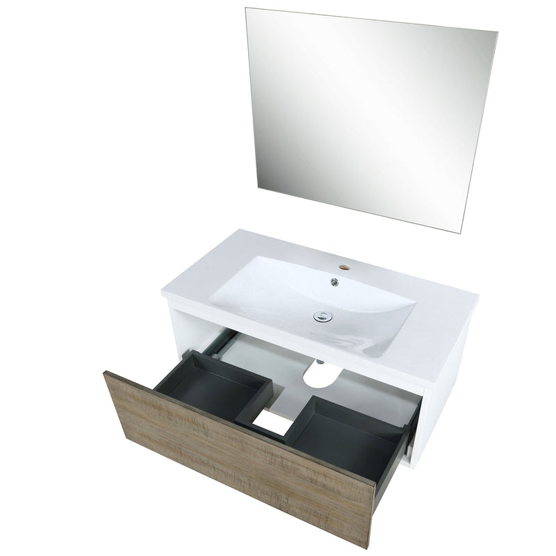 Lexora Scopi 36" Rustic Acacia Bathroom Vanity, Acrylic Composite Top with Integrated Sink, and 28" Frameless Mirror LSC36SRAOSM28