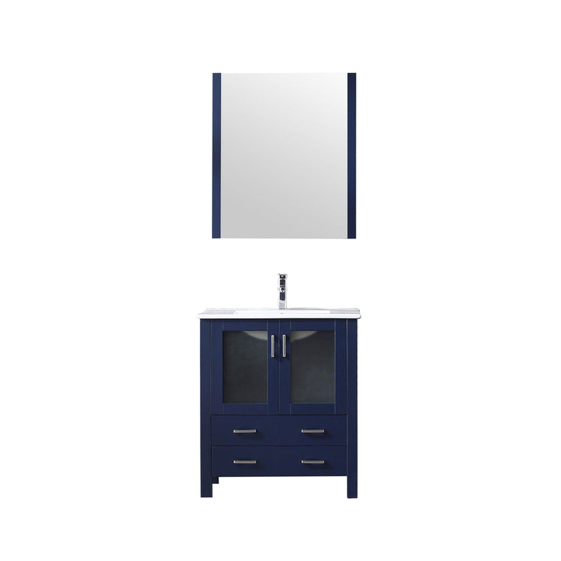 Lexora  Volez 30" Navy Blue Single Vanity, Integrated Top, White Integrated Square Sink and 28" Mirror LV341830SEESM28