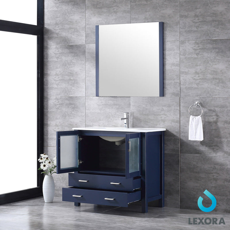 Lexora  Volez 36" Navy Blue Single Vanity, Integrated Top, White Integrated Square Sink and 34" Mirror LV341836SEESM34