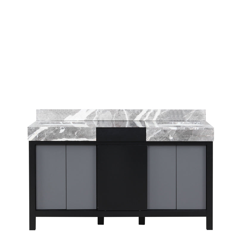 Lexora Zilara 60" Black and Grey Double Vanity, Castle Grey Marble Tops, and White Square Sinks - LZ342260DLIS000