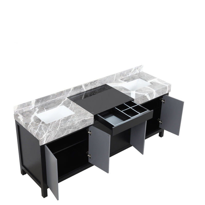 Lexora Zilara 80" Black and Grey Double Vanity, Castle Grey Marble Tops, and White Square Sinks - LZ342280DLIS000