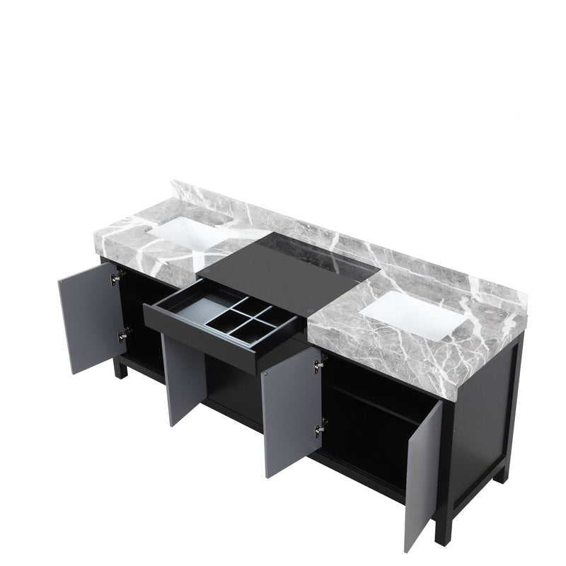 Lexora Zilara 80" Black and Grey Double Vanity, Castle Grey Marble Tops, and White Square Sinks - LZ342280DLIS000