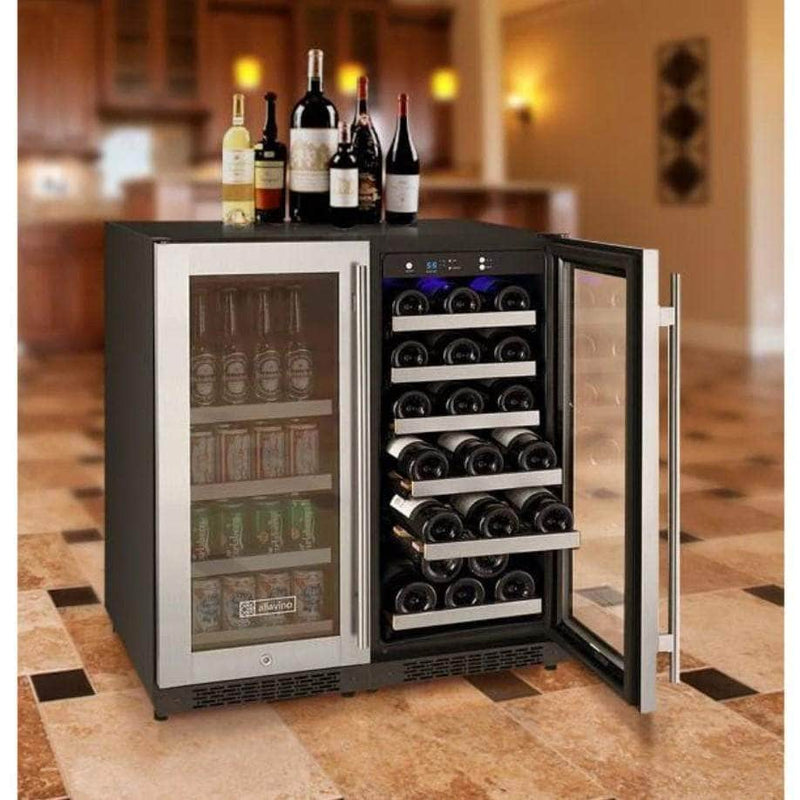 Allavino 30" Wide FlexCount II Tru-Vino 30 Bottle/88 Can Dual Zone Stainless Steel Side-by-Side Wine Refrigerator/Beverage Center (3Z-VSWB15-2S20) - PrimeFair