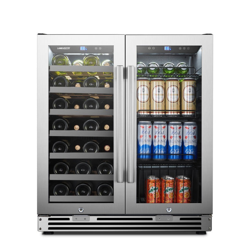 LanboPro Stainless Steel Dual Zone Wine and Beverage Combo Cooler 31 Bottles 58 Cans LP66B