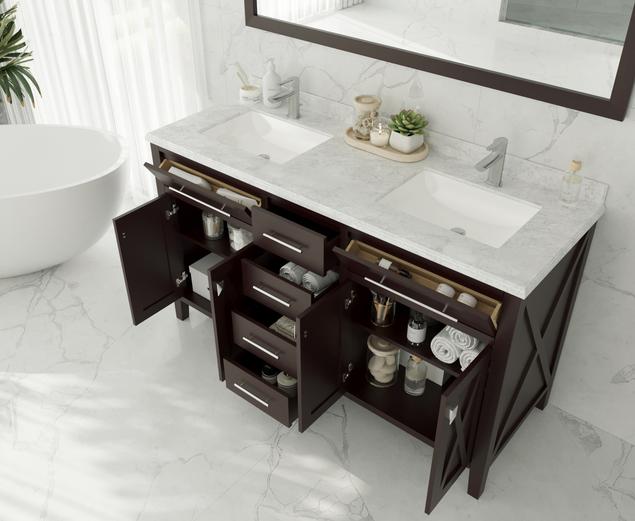 Laviva Wimbledon 60" Brown Double Sink Bathroom Vanity with Matte Black VIVA Stone Solid Surface Countertop