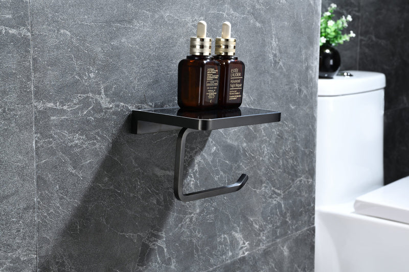 Lexora Bagno Bianca Stainless Steel Black Glass Shelf w/ Toilet Paper Holder - Gun Metal LSP18152GM-BG