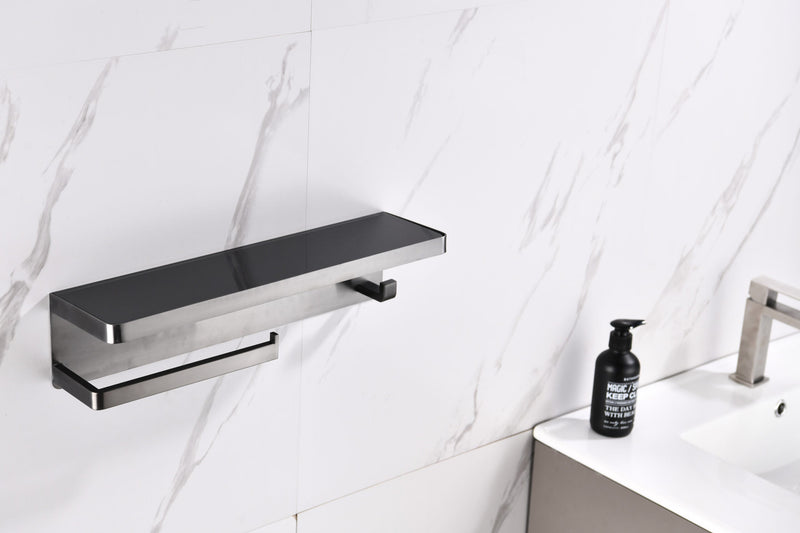 Lexora Bagno Bianca Stainless Steel Black Glass Shelf w/ Towel Bar & Robe Hook - Gun Metal LSTR18152GM-BG