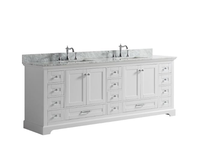 Lexora Dukes 84" White Double Vanity, White Carrara Marble Top, White Square Sinks and no Mirror LD342284DADS000
