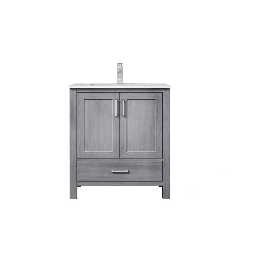 Lexora Jacques 30" Distressed Grey Single Vanity, White Carrara Marble Top, White Square Sink and no Mirror LJ342230SDDS000