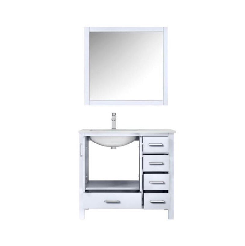 Lexora Jacques 36" White Single Vanity, White Carrara Marble Top, White Square Sink and 34" Mirror - Left Version LJ342236SADSM34-L