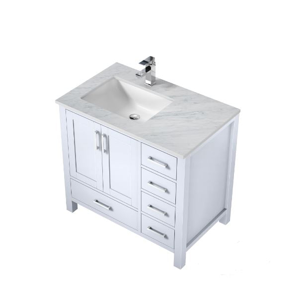 Lexora Jacques 36" White Single Vanity, White Carrara Marble Top, White Square Sink and no Mirror - Left Version LJ342236SADS000-L