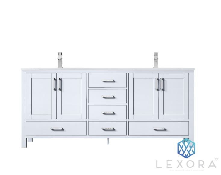Lexora Jacques 72" White Double Vanity, White Carrara Marble Top, White Square Sinks and no Mirror LJ342272DADS000